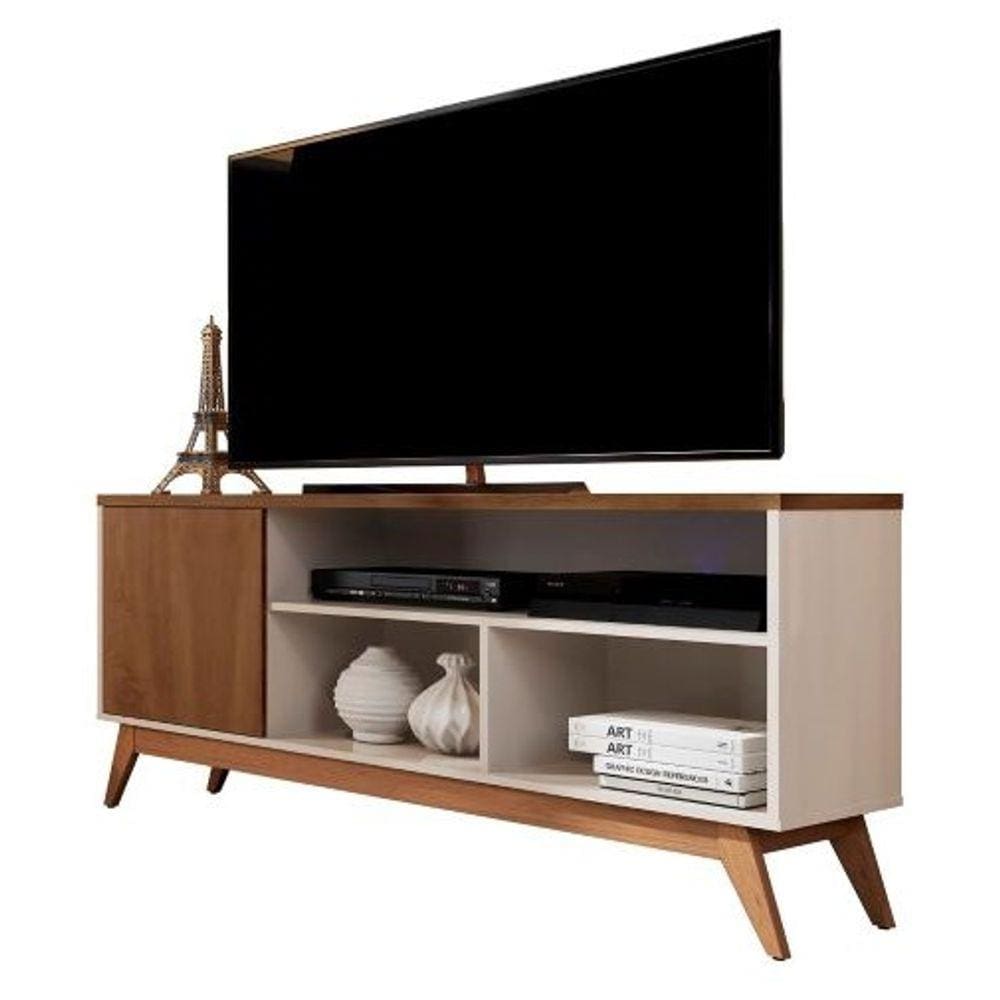 Rack Retrô TV Até 60 Polegadas Pés De Madeira 1 Porta E 3 Nichos Malbec Wood 1.36