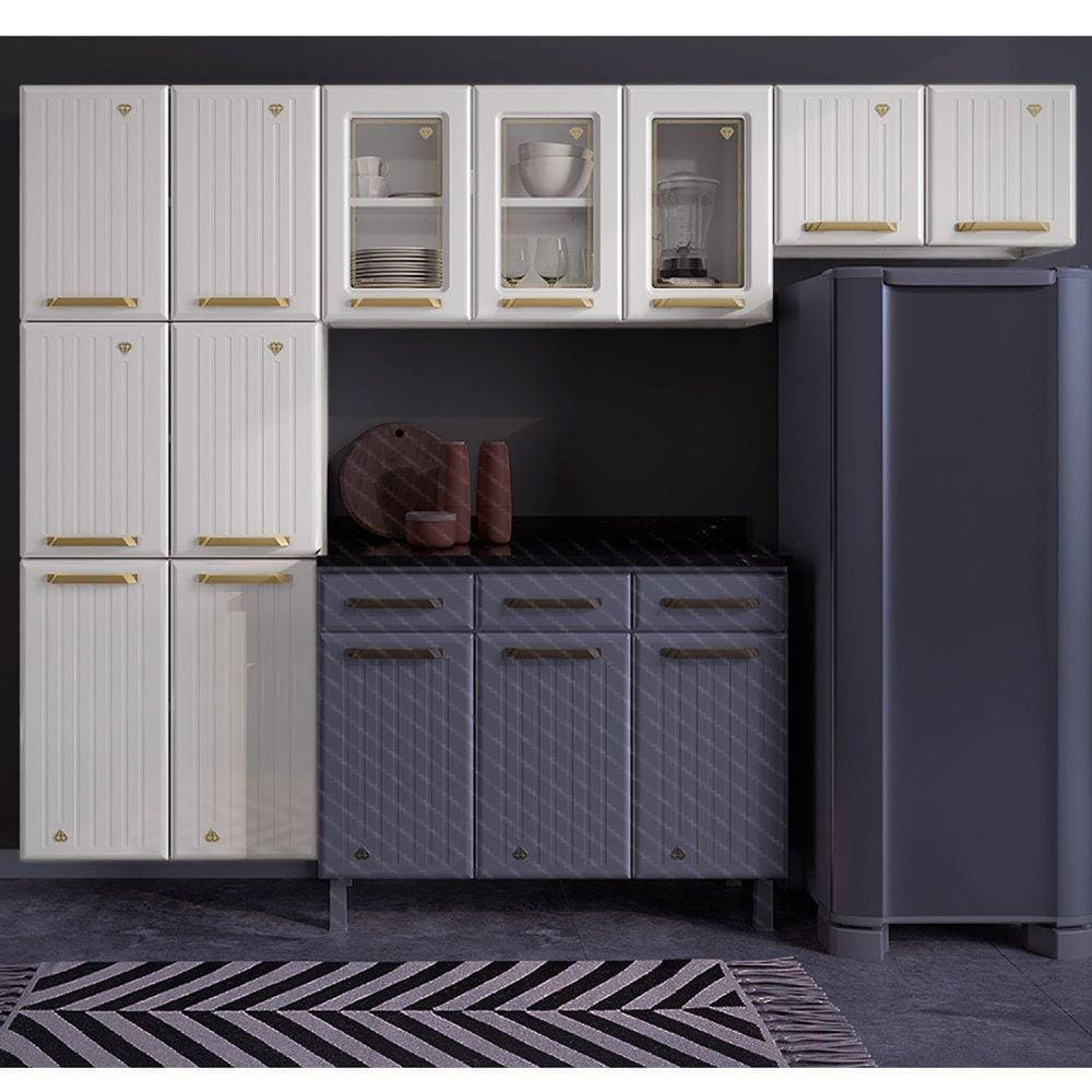 Cozinha de Aço Compacta 3 Peças com Vidros 11 Portas Diamante Telasul Branco