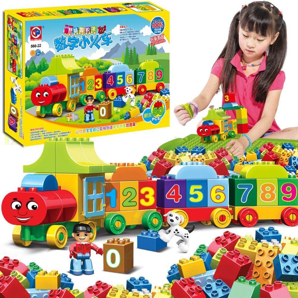 50pcs Número da cidade Treinar grandes partículas Com blocos duplos de construção DIY Tijolos Educativos para presentes infantis| Blocos