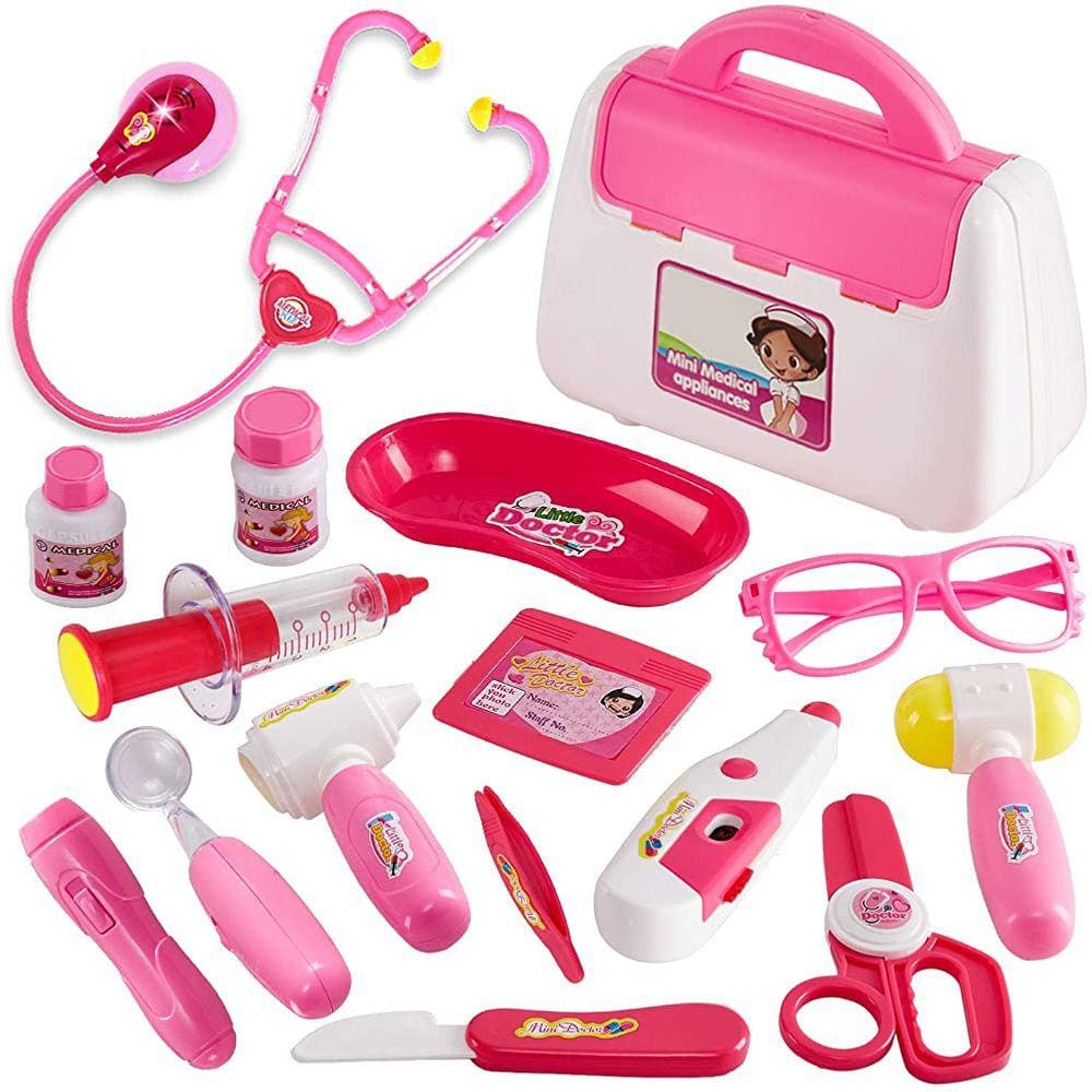 Pink Kid`s Doctor Case Toy Doctor Ferramentas com Estetoscópio, Imitação Jogo Presente para Meninas e Meninos 3 4 5 Anos de Idade