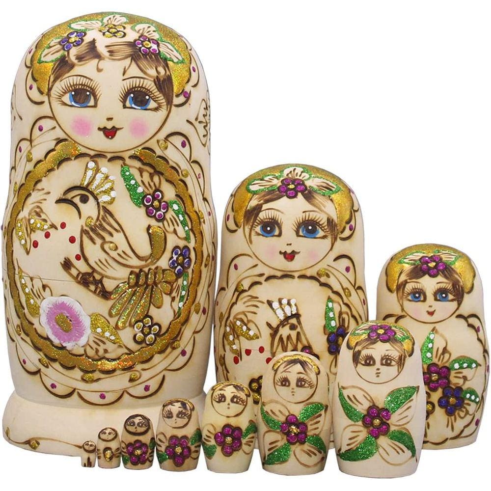 10pcs fada da flor dourada com pássaro handmade madeira russa