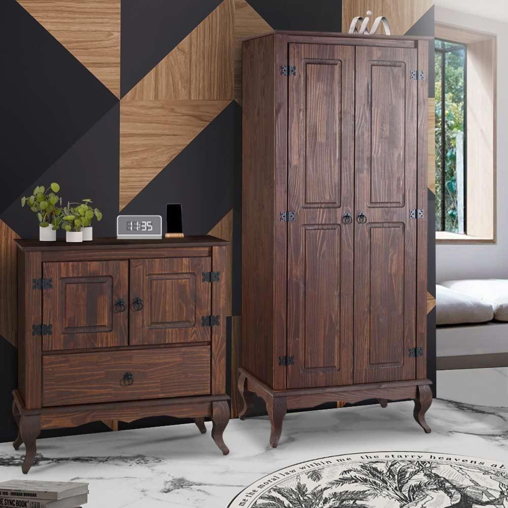 Guarda Roupa 2 Portas Com Cômoda Pequena Madeira Maciça Rústico Marrom Shop JM