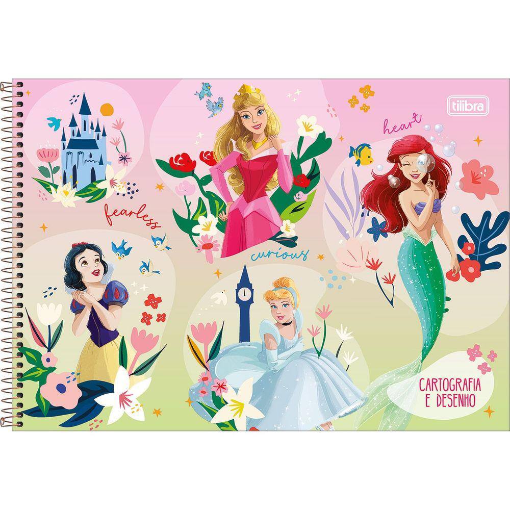 Caderno de Cartografia e Desenho Espiral Capa Dura Princesas 80 Folhas Tilibra