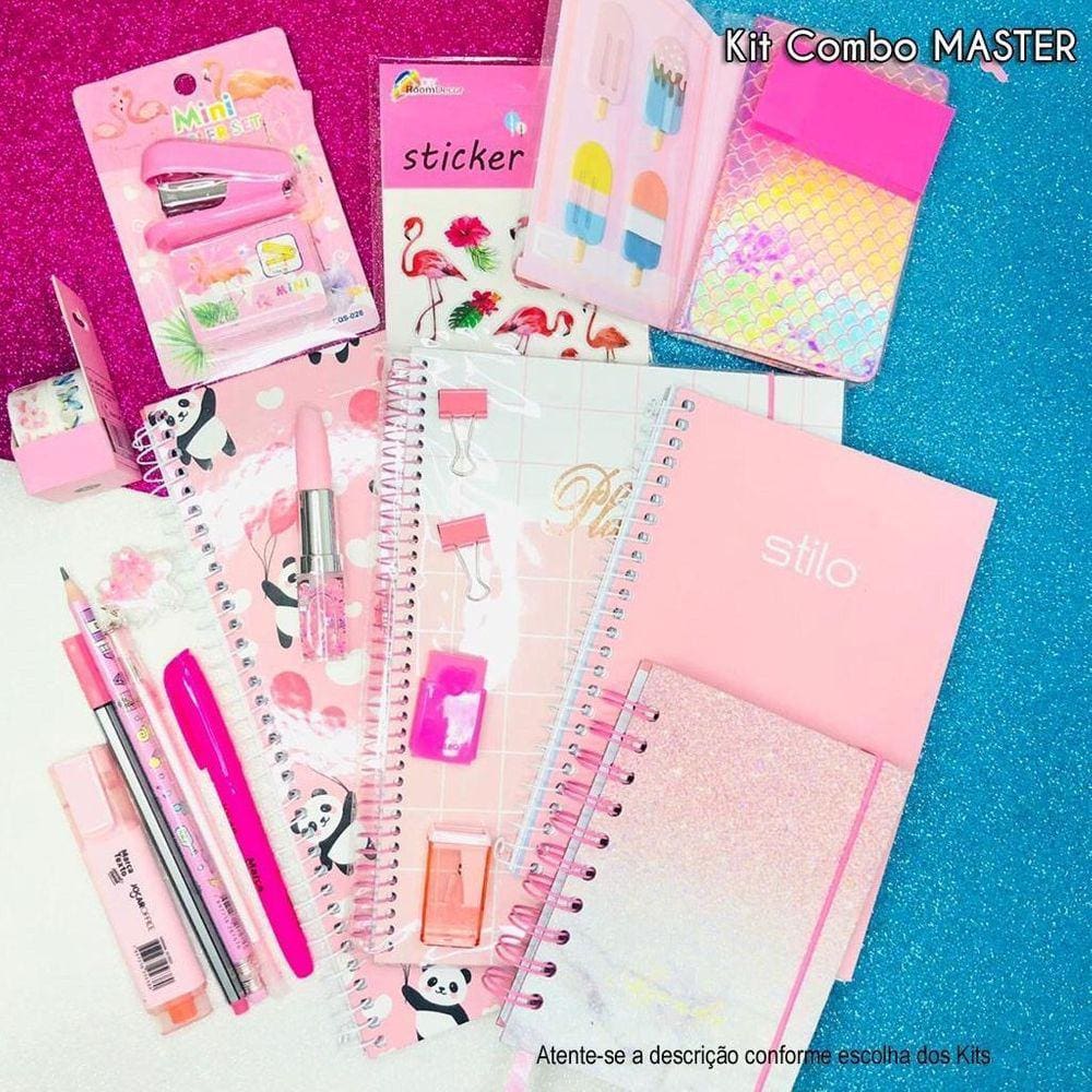 Kit Papelaria Combo Master Rosa Caneta Caderno