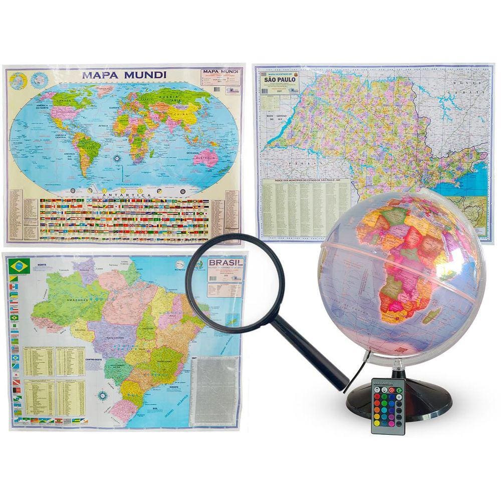 Kit Globo Prisma RGB 30cm + Mapas Brasil, Mundi e SP
