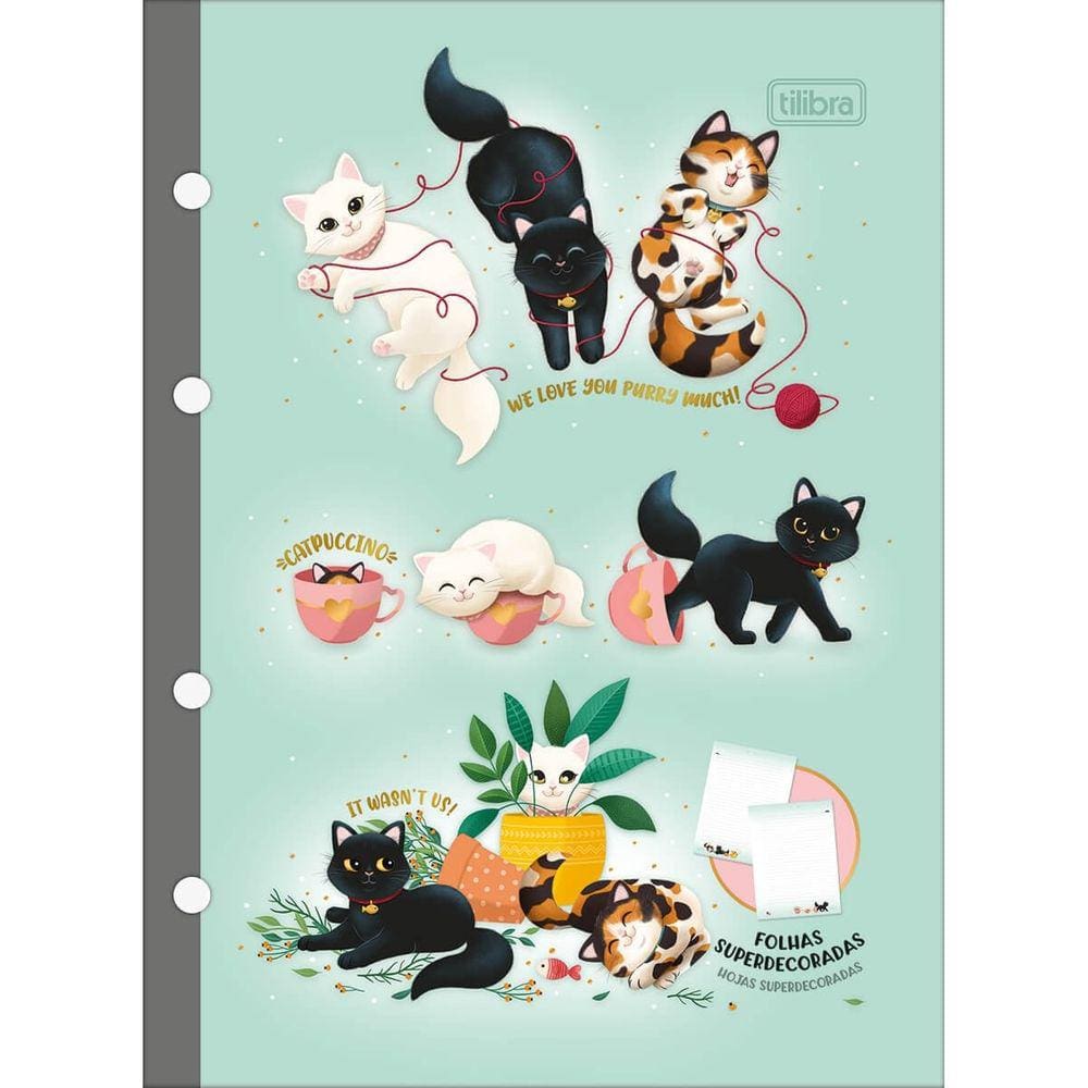 Refil Caderno Argolado Colegial Purrfect Cats Tiliflex 80 Folhas -Tilibra