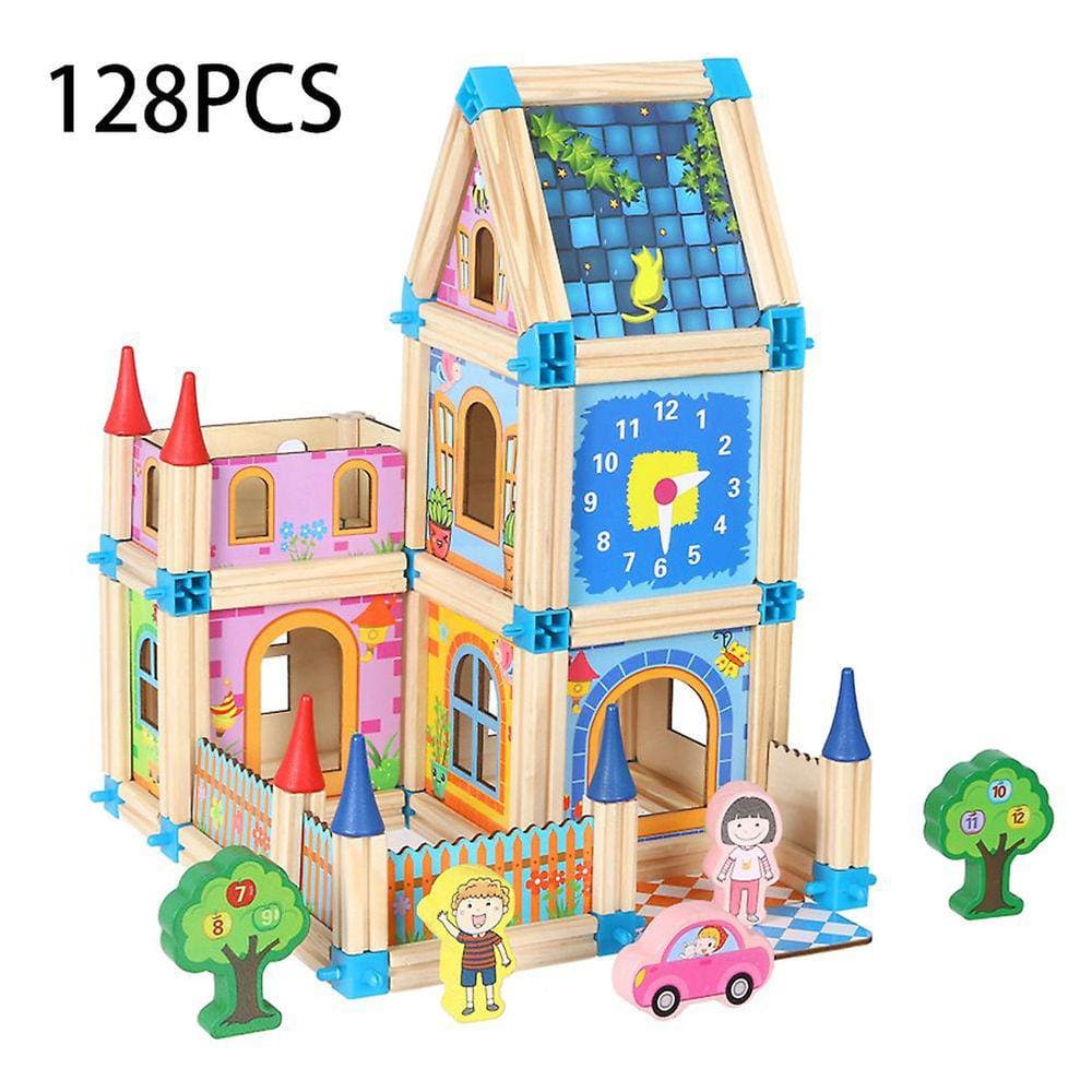 Azul 128/268pcs Diy madeira castelo crianças brinquedo montagem