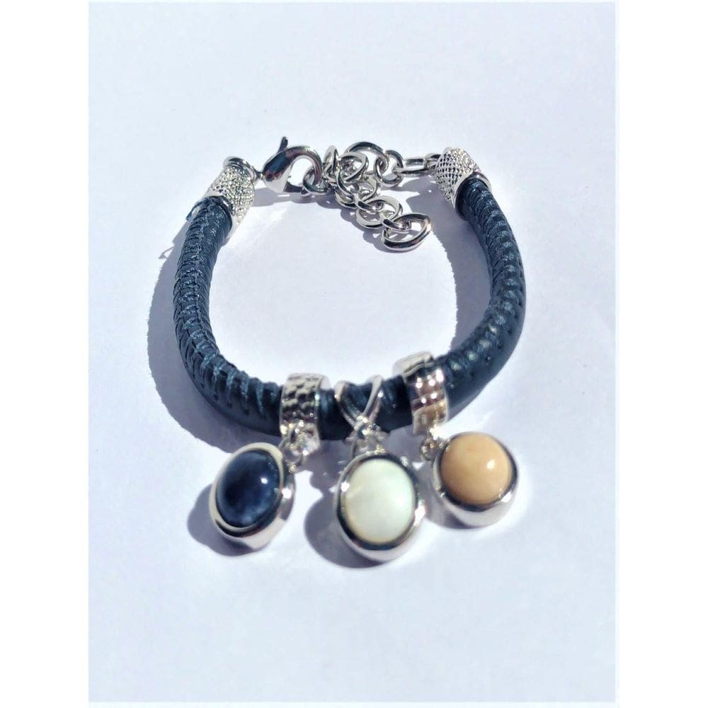 Pulseira Lizzy Fatin Couro Azul Berloques Pedras