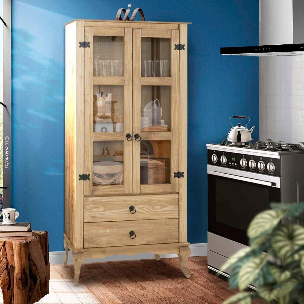 Armário Rústico Para Cozinha 2 Portas Em Vidro 1 Gaveta Madeira Maciça Marrom Shop JM