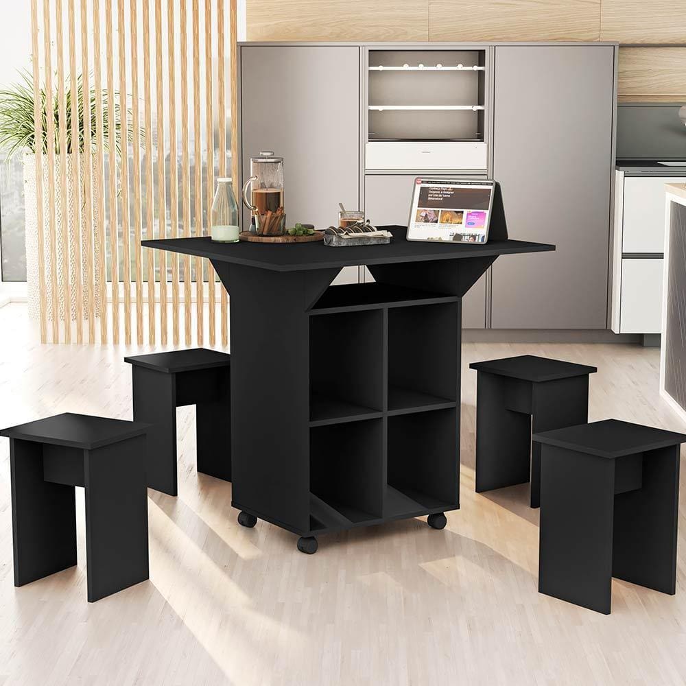 Mesa Dobrável Cozinha Com 4 Bancos Embutidos Preto Basoto