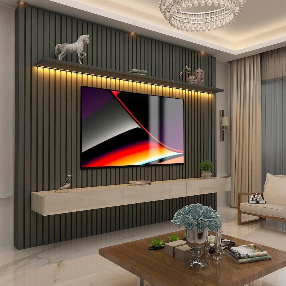 Painel Com Led E Nicho 3 Gavetas 85 Polegadas Grafite Off White Nobre Gelius