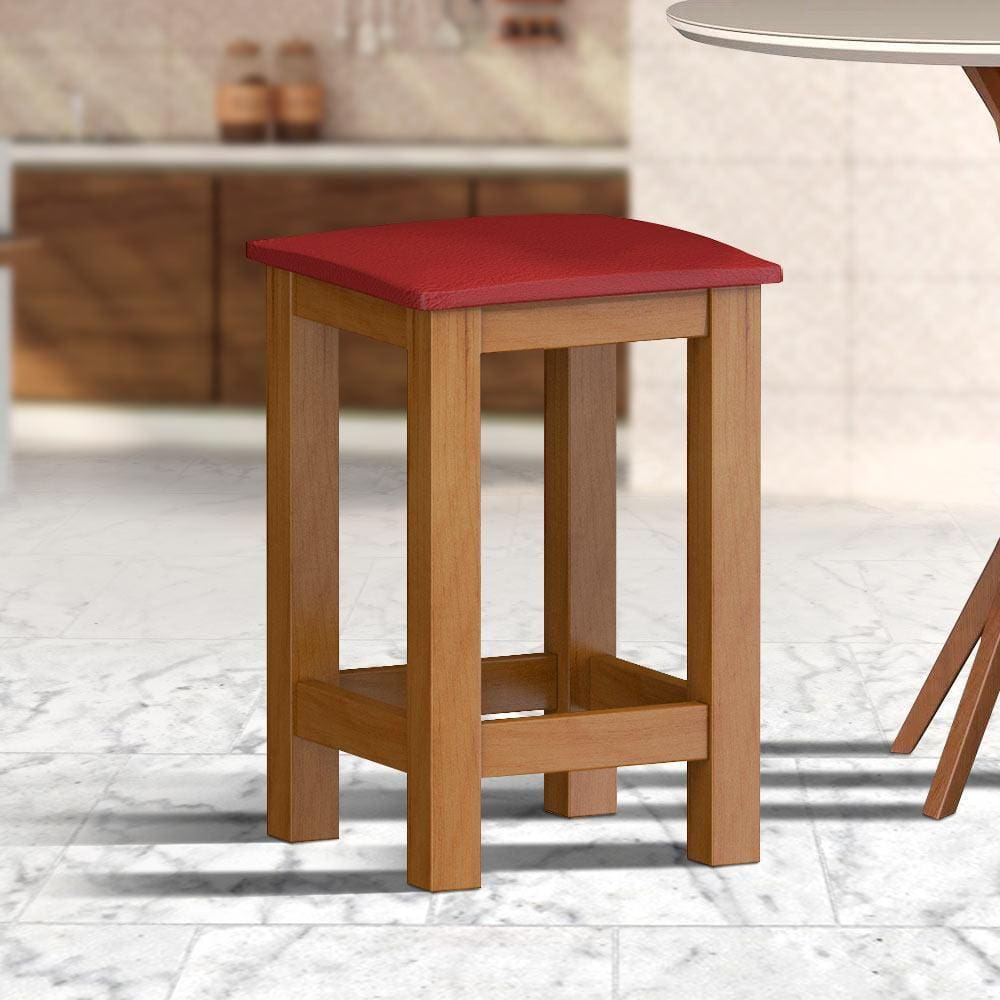 Banqueta Madeira Baixa Marrom Assento Estofado Corino Vermelho Nemargi