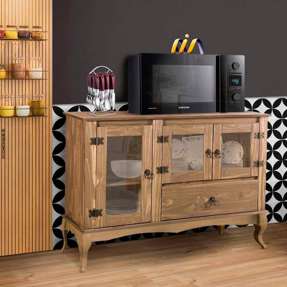 Balcão Buffet Para Cozinha 3 Portas Em Vidro 1 Gaveta Madeira Maciça Marrom Shop JM
