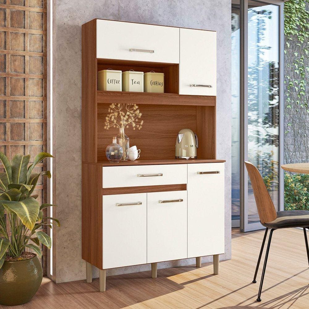 Cozinha Compacta 5 Portas 1 Gaveta Magazin Avelã/Off White Cristal