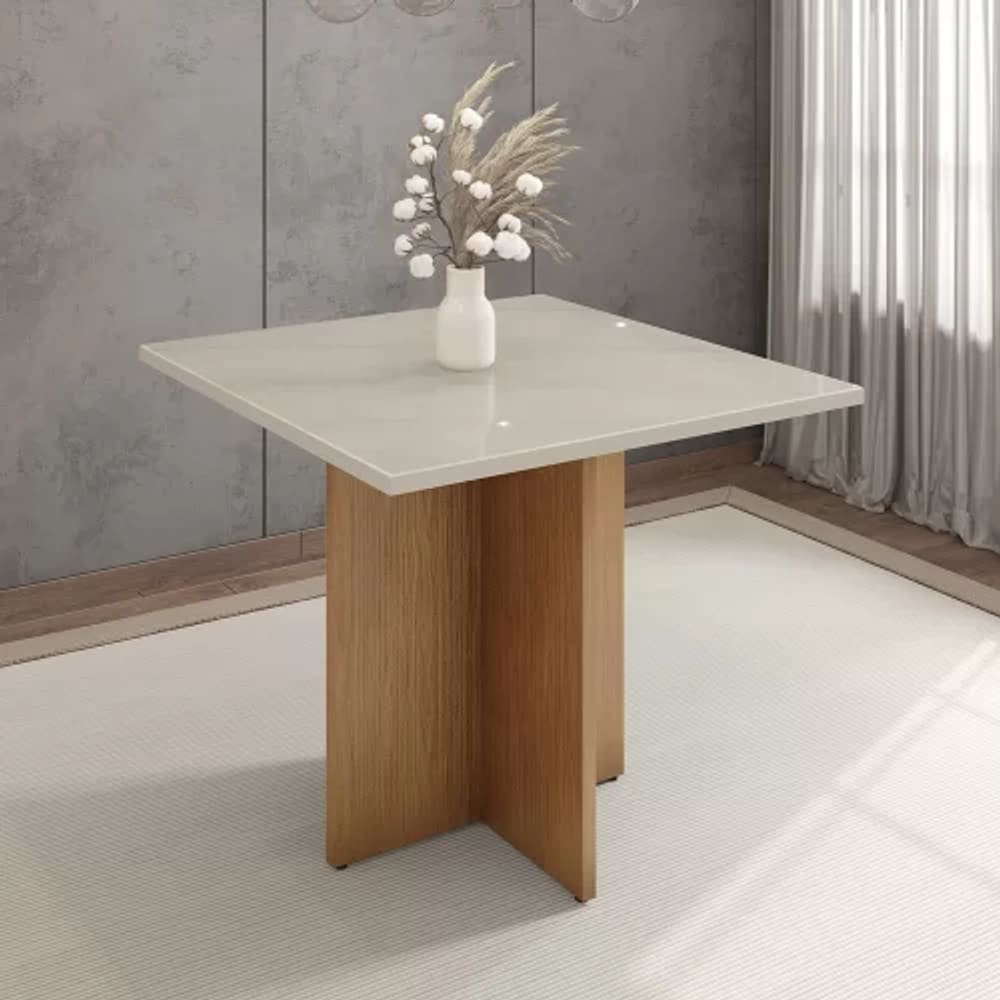 Mesa Paris 900X900 C/ Vidro Off White/Cedro - Casa D