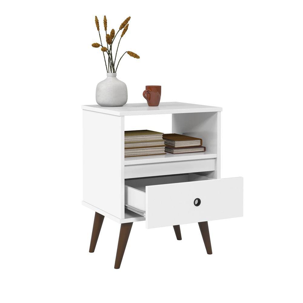 mesa de cabeceira estilo retro com pes de madeira