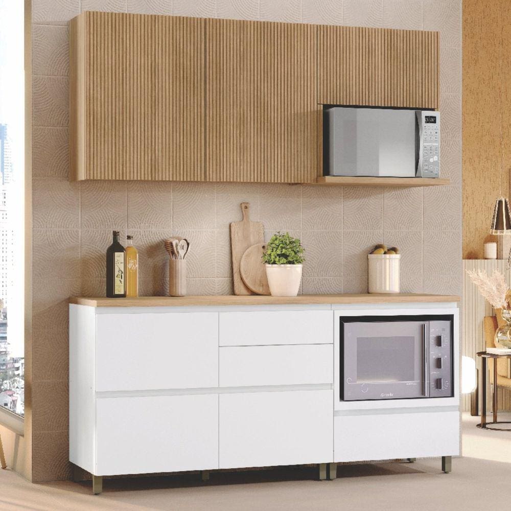 Cozinha 4 Peças Ripado Rainha 100% MDF Balcão e Aéreo Forno 100% MDF Branco/Marrom
