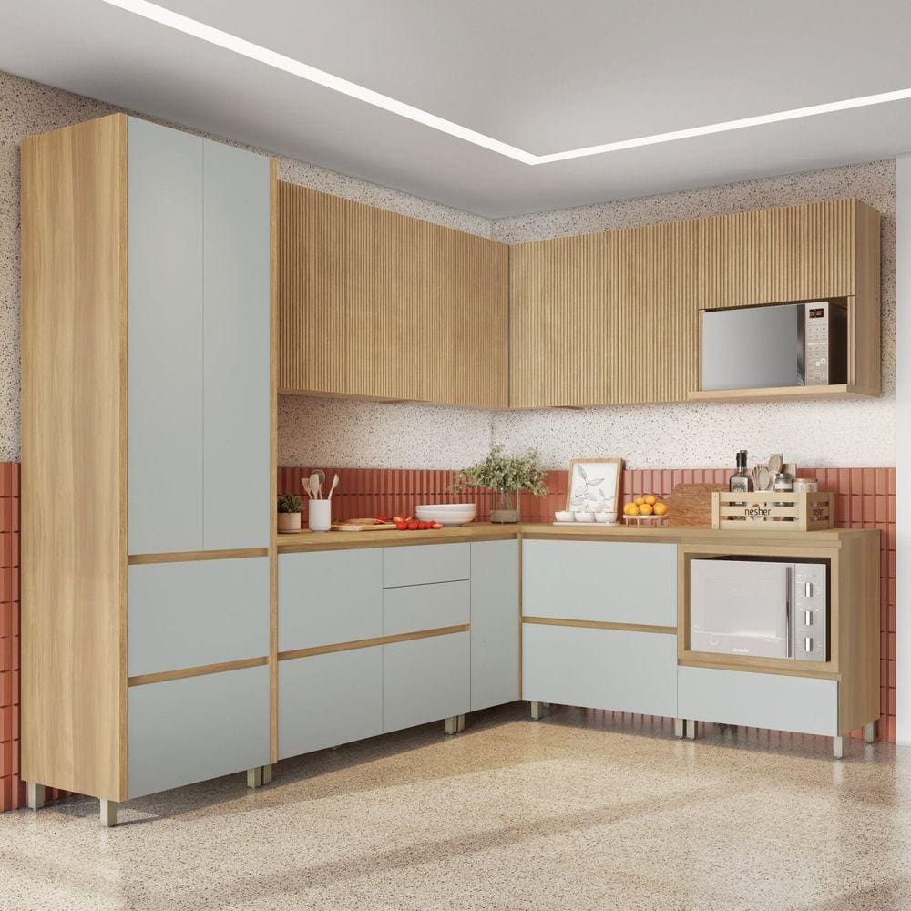 Cozinha 9 Peças Canto Direita e Esquerda 12 Portas 8 Gavetas Ripado Rainha 100% MDF Marrom/Verde