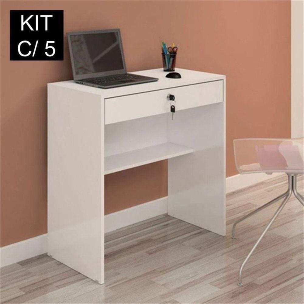 Kit 5 Escrivaninhas 72cm 1 Gaveta com Chave Andorinha Branco