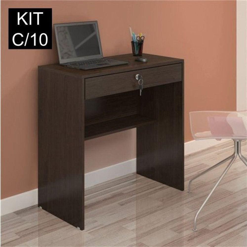 Kit 10 Escrivaninhas 72cm 1 Gaveta com Chave Andorinha Café