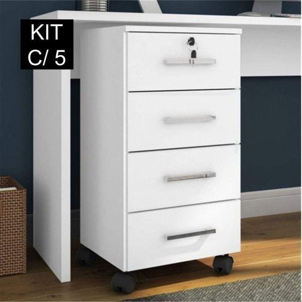 Kit 5 Gaveteiros 4 Gavetas com Rodízios e Chave Gávea Office Branco