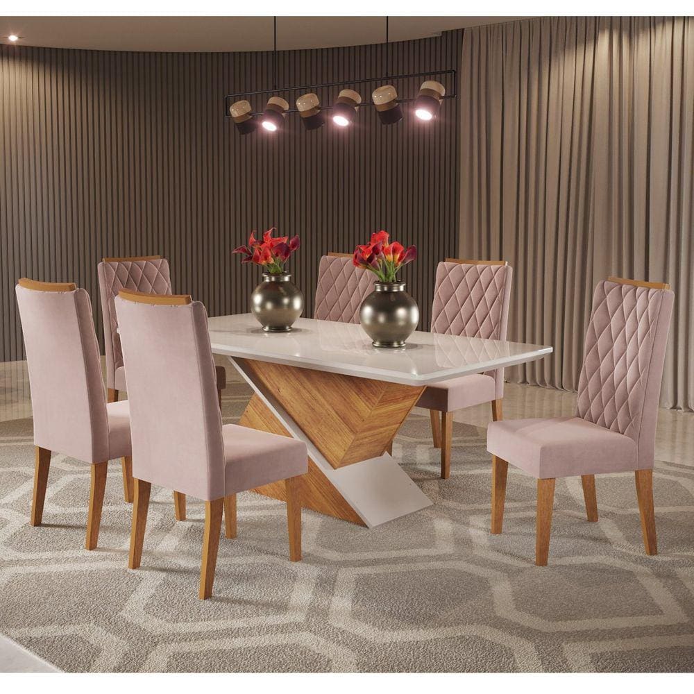 Conjunto Sala de Jantar Mesa Epic Tampo Vidro/mdf com 6 Cadeiras Iza Mel/Off White/Rosa