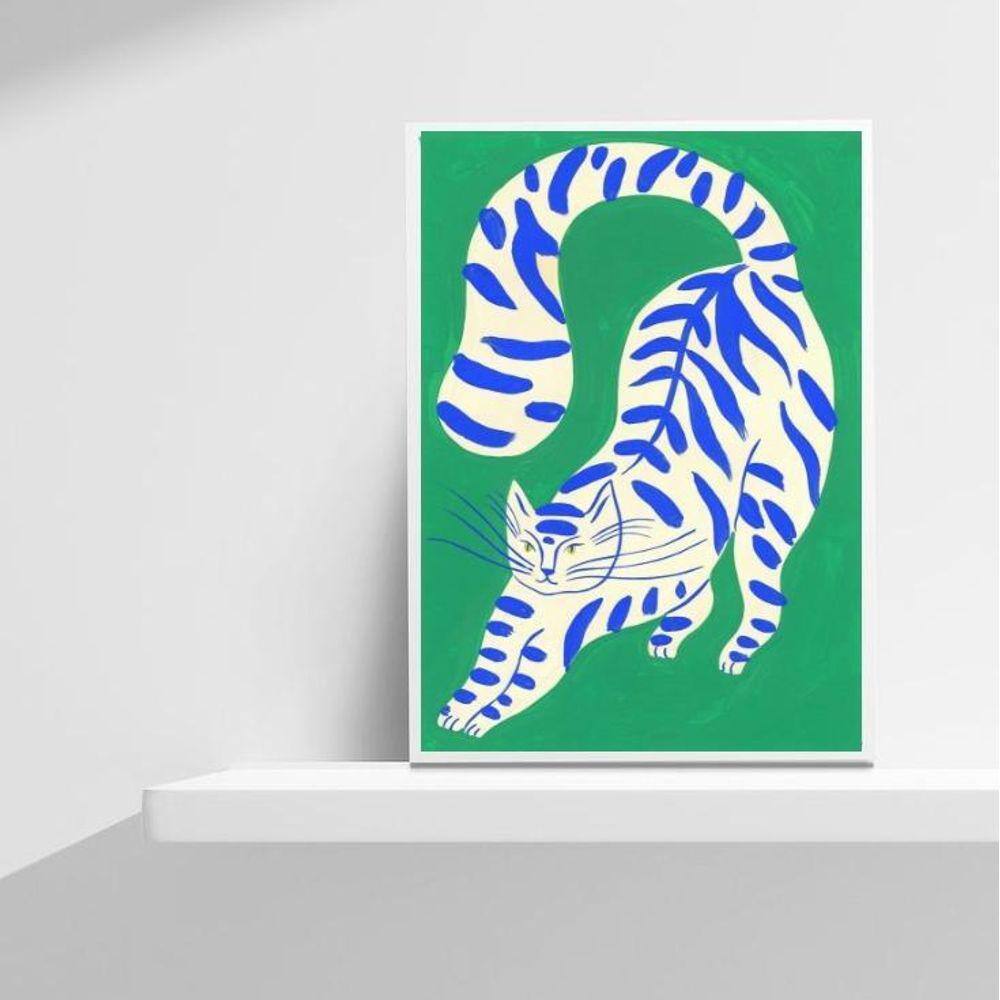 Quadro Abstrato Gato Verde 45x34cm Moldura Preta