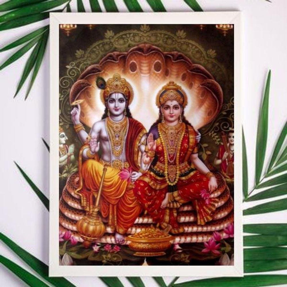 Quadro Decorativo Lakshmi e Vishnu 24x18cm - Vidro Branco