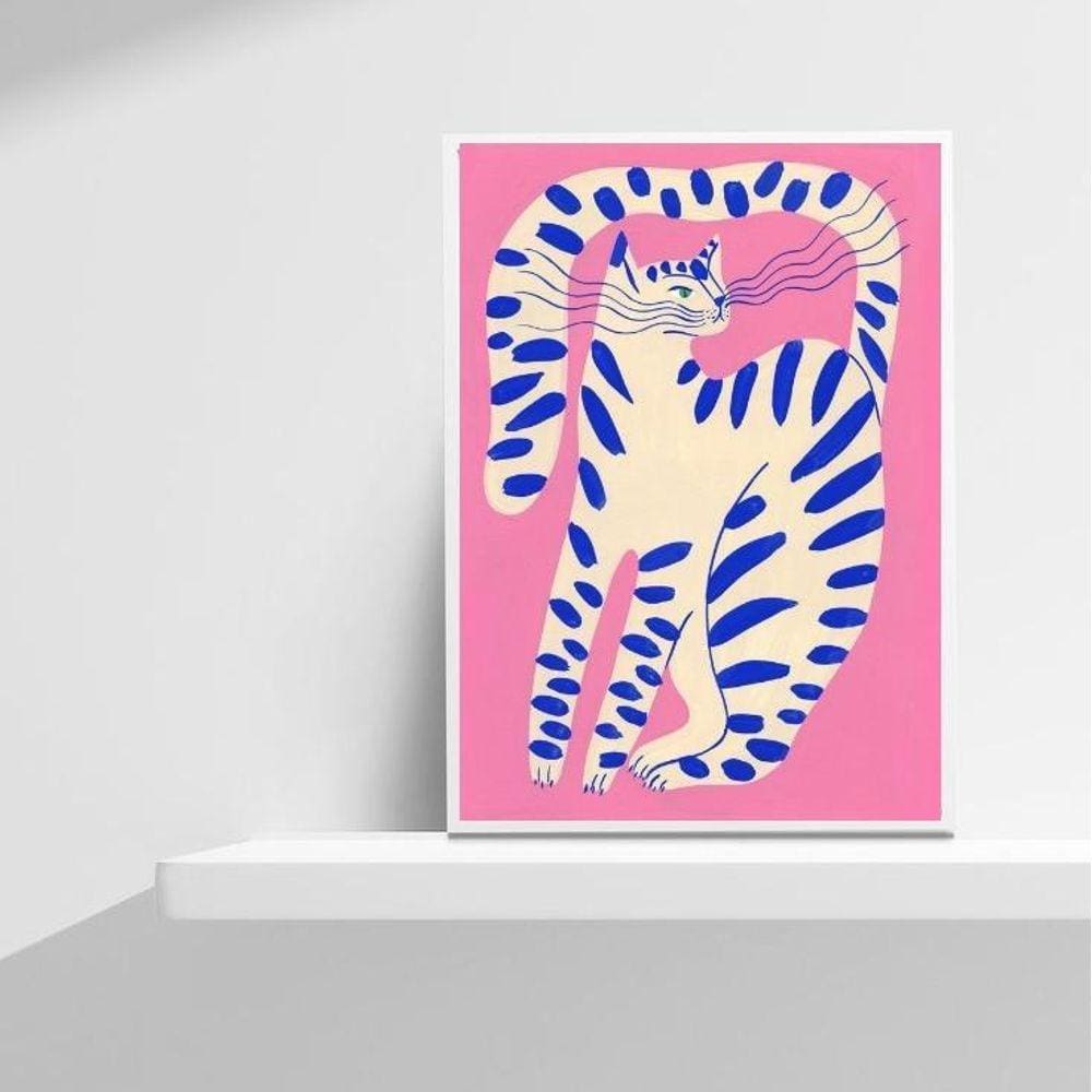 Quadro Decorativo Abstrato Gato Rosa 33x24cm Madeira Preta