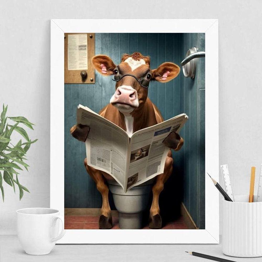 Quadro Vaca Banheiro Lendo Jornal 33x24cm Moldura Branca
