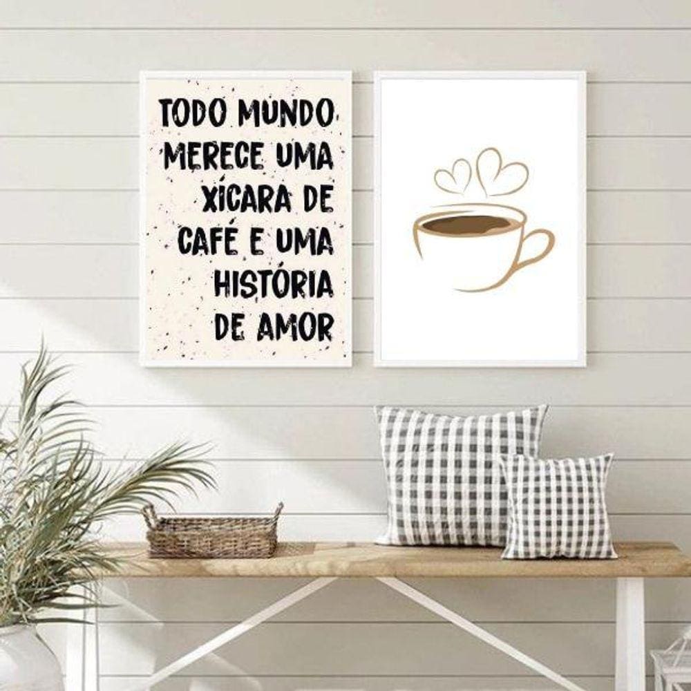 Kit 2 Quadros Café e História de Amor 45x34cm - Com Vidro