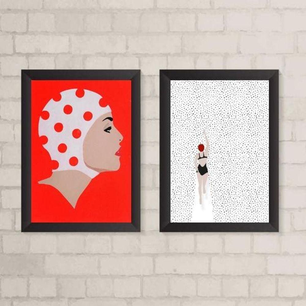 Kit 2 Quadros Natação Poá 33x24cm - Madeira Branca