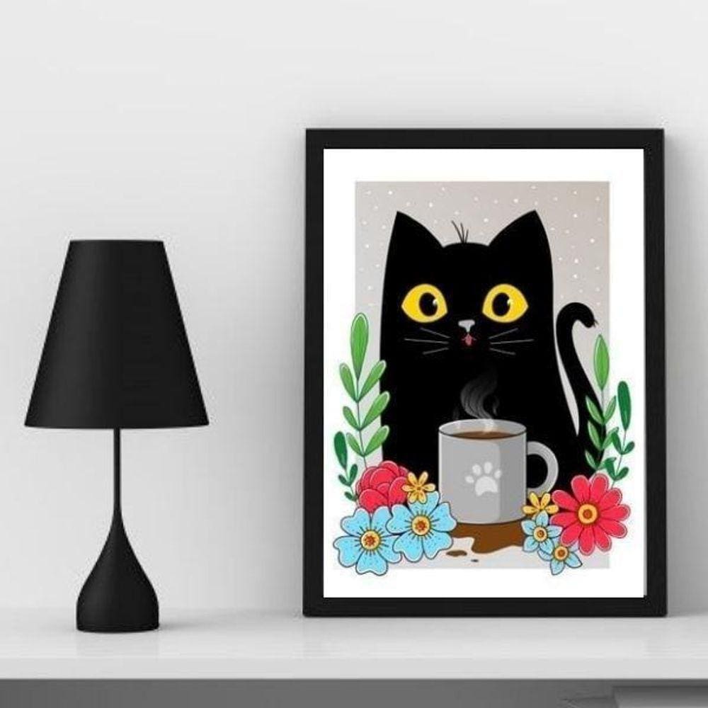 Quadro Gato com Caneca de Café 33x24cm - Madeira Branca
