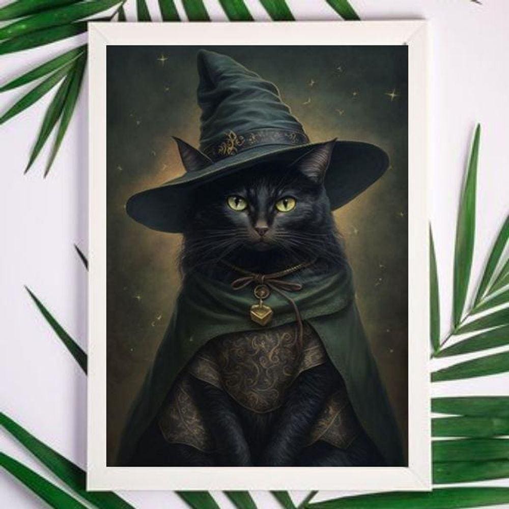 Quadro Witchy Black Cat 45x34cm - Vidro, Madeira Preta