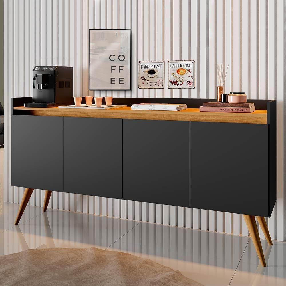 Aparador Buffet Gold Retrô Com 4 Portas Preto Com Marrom Primus