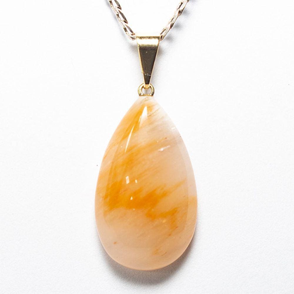 Colar Gota Aragonita Raio Laranja Pedra Natural Pino Dourado