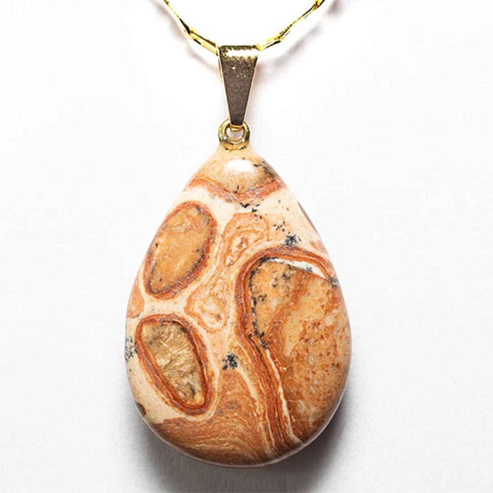 Colar Gota Pedra Jaspe Leopardo Montagem Pino Dourado