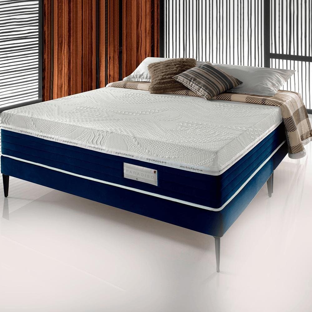 Kit Box Colchao Paradiso+Base Luxo Queen Azul Estofama
