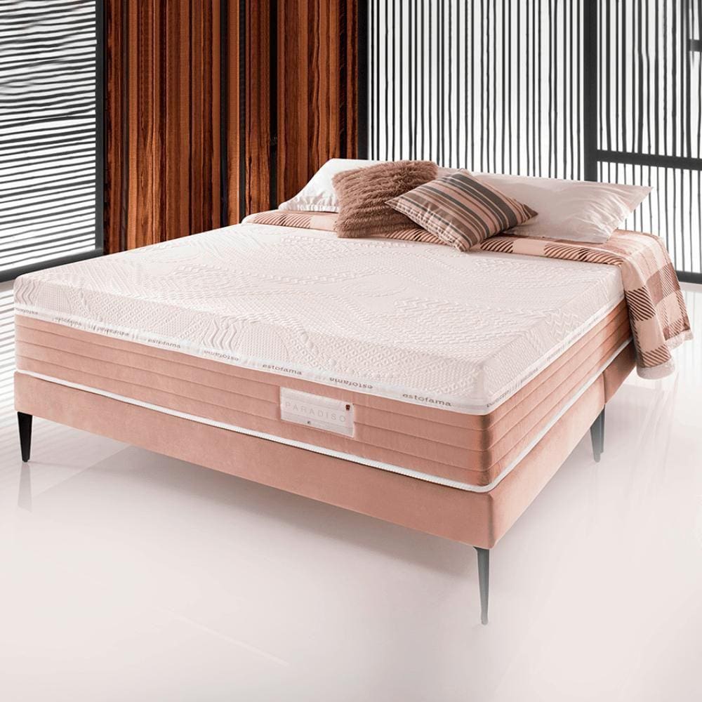 Kit Box Colchao Paradiso+Base Luxo King Rose Estofama