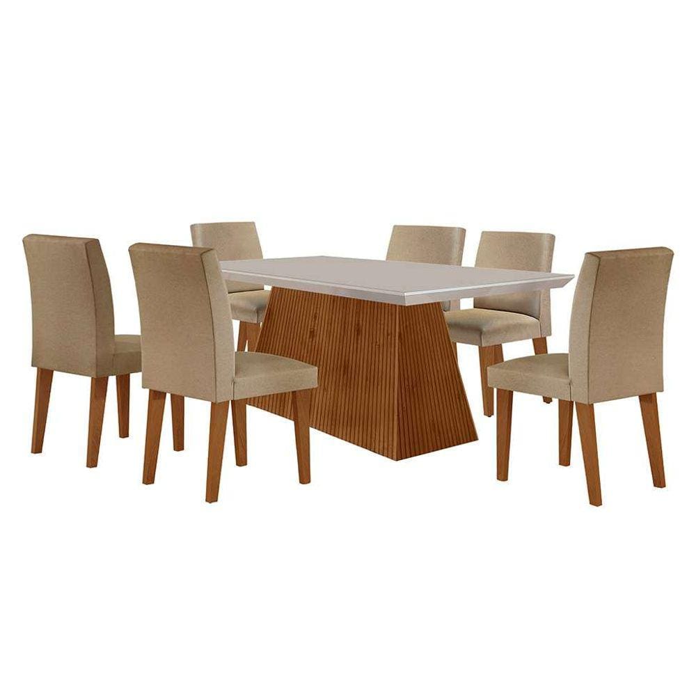 conjunto de mesa de jantar retangular com tampo de vidro off white luna e 6 cadeiras grécia linho bege e imbuia
