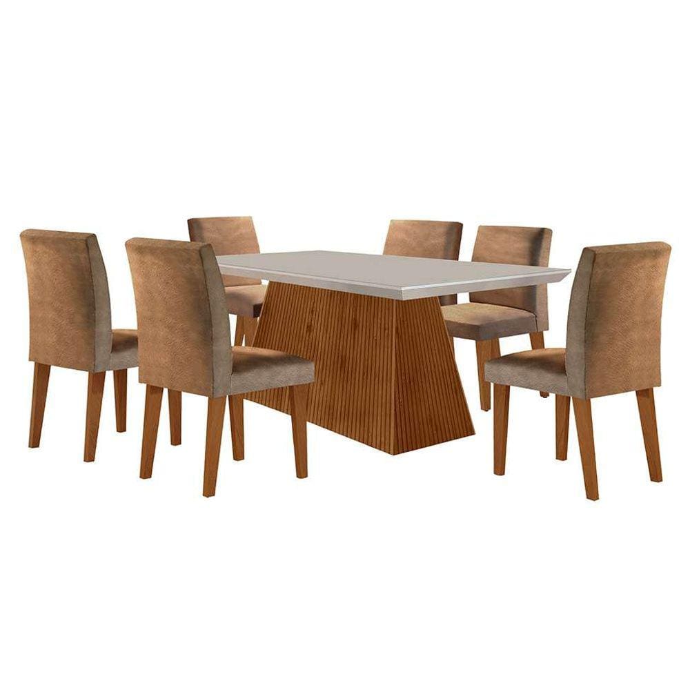 conjunto de mesa de jantar retangular com tampo de vidro off white luna e 6 cadeiras grécia suede animalle chocolate e imbuia