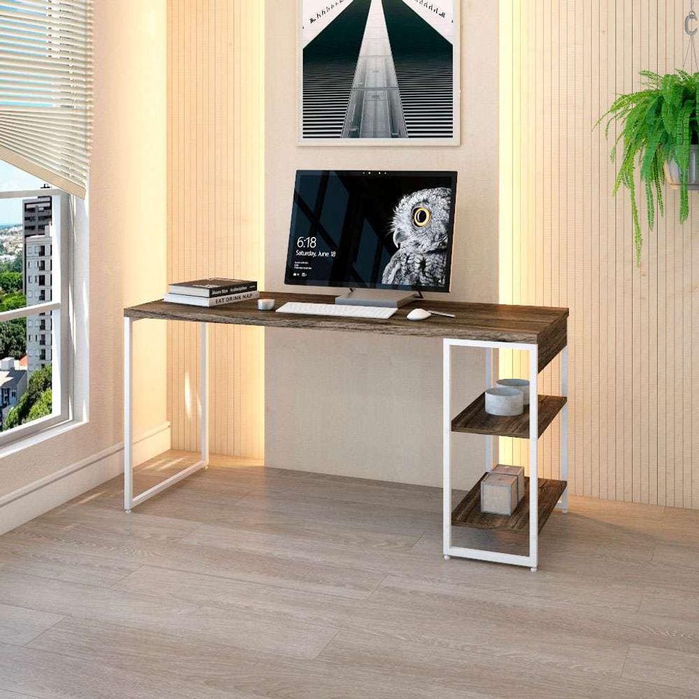 escrivaninha com estante studio carvalho dark e branca 150x75 cm
