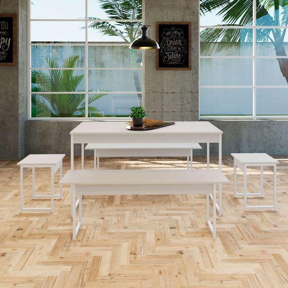conjunto de mesa de jantar retangular com 4 bancos studio branco
