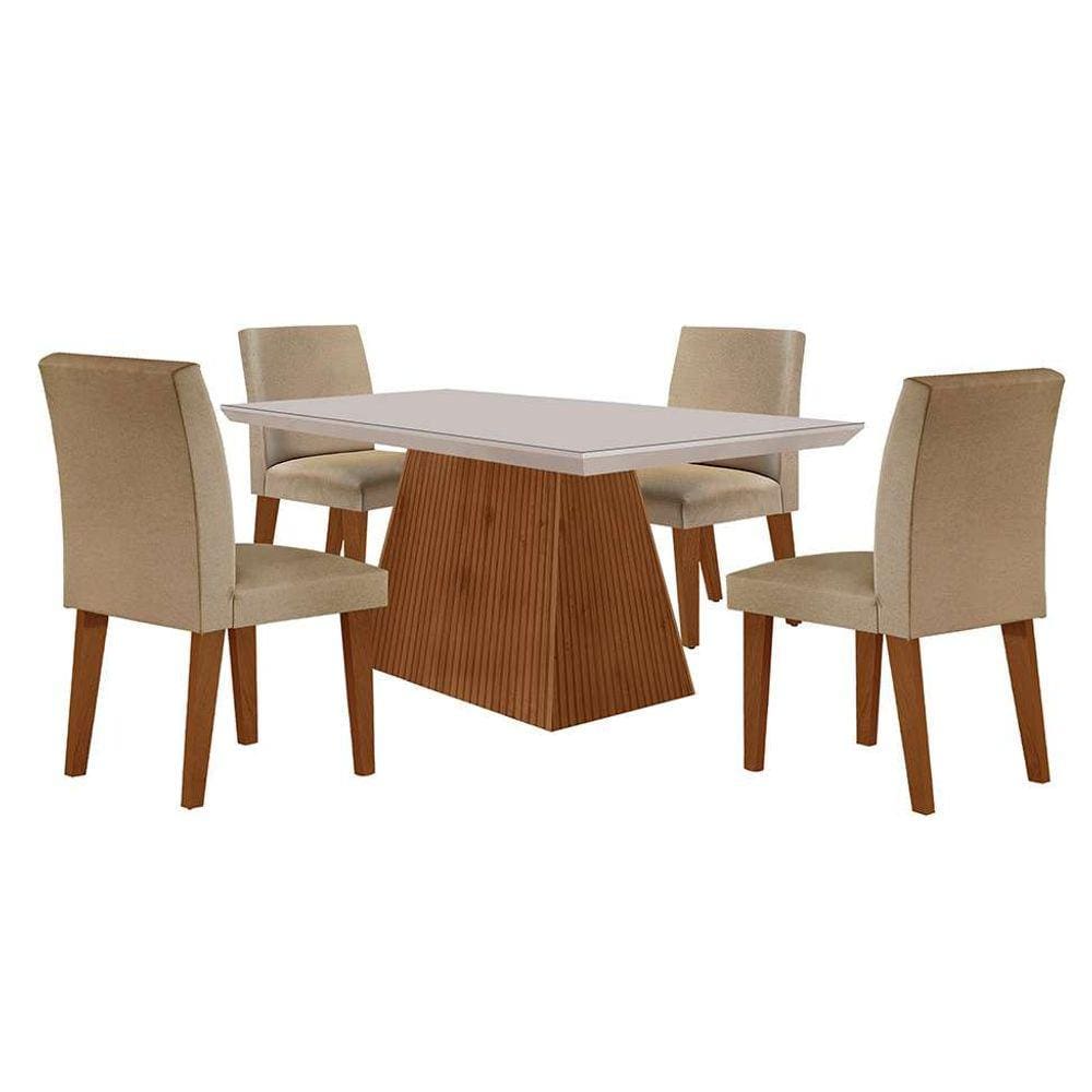 conjunto de mesa de jantar retangular com tampo de vidro off white luna e 4 cadeiras grécia linho bege e imbuia