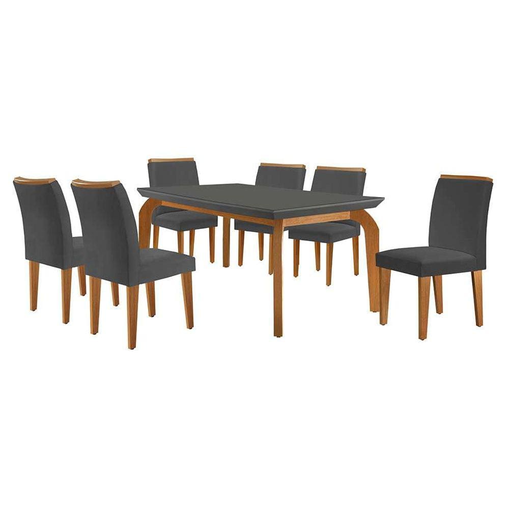 conjunto de mesa de jantar retangular com tampo de vidro turquesa e 6 cadeiras luanda veludo grafite e imbuia