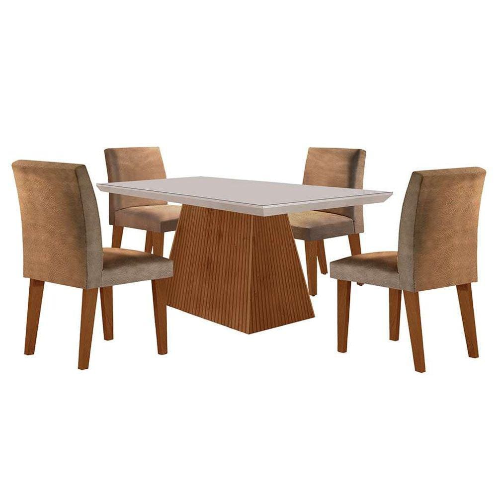 conjunto de mesa de jantar retangular com tampo de vidro off white luna e 4 cadeiras grécia suede animalle chocolate e imbuia