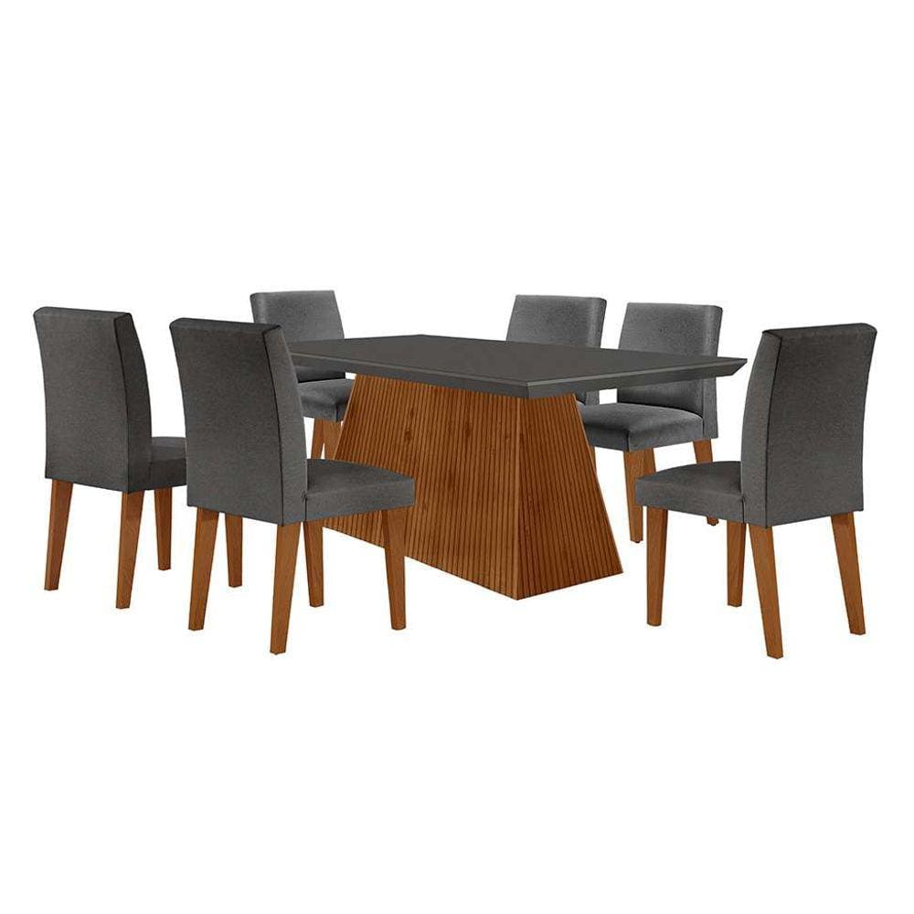 conjunto de mesa de jantar retangular com tampo de vidro luna e 6 cadeiras grécia linho grafite e imbuia