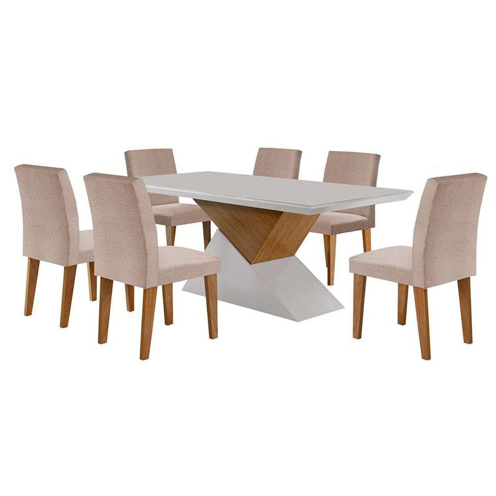 conjunto de mesa de jantar retangular com tampo de vidro off white turmalina e 6 cadeiras grécia linho rústico e imbuia