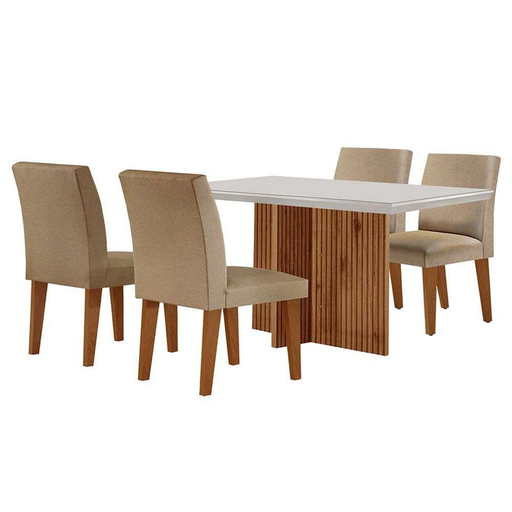 conjunto de mesa de jantar retangular com tampo de vidro off white berlim e 4 cadeiras bélgica linho bege e imbuia