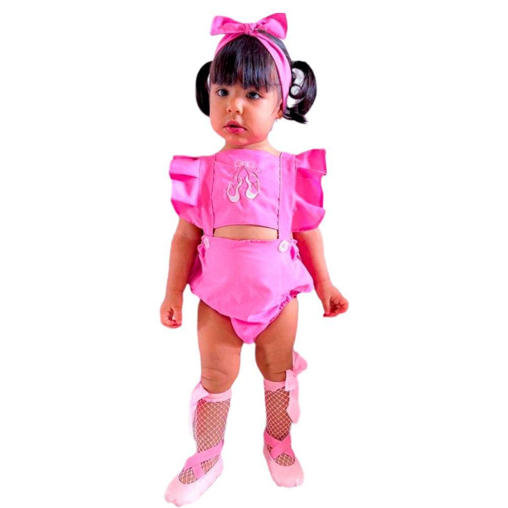 Romper de Bebe Menina Com Laço de Cabelo Fantasia Bailarina